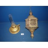 A brass Lantern and small brass chamber oil lamp.