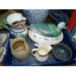 A Duck Pate dish, continental pottery jug, Studio pottery jug and bowl.