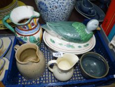 A Duck Pate dish, continental pottery jug, Studio pottery jug and bowl.