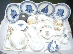 A quantity of china to include four Delft wall plaques depicting buildings,