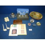 A quantity of miscellanea including Abalone shell, small book of mint and used British stamps,