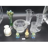 A small quantity of glass including heavy cut glass and etched fruit bowl, water jugs, cream,