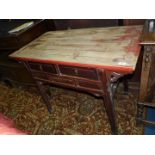 An unusual Oak and other woods Centre Table of chinoiserie flavour having two drawers to one side