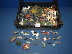 A box of play worn Britains lead farm toys, animals, etc (many A/F).