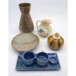 A small quantity of pottery to include; a tray, milk jug and sugar bowl in blue, Honiton jug,