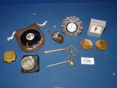 A miniature Pewter clock, Stratton compact,