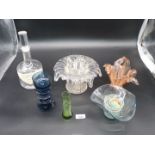 A quantity of glass including blue glass candle holder, flared top vases, Dartington Decanter, etc.