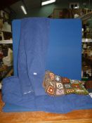 A pair of blue pencil pleat Curtains, 98'' wide x 89'' drop approx.