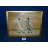 An attractive finely worked Needlework and mixed media picture of a boy and girl dancing,