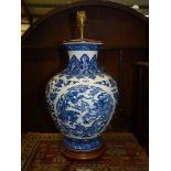 A large blue and white Chinese style Table Lamp, 16'' high approx..