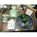 A quantity of china to include; a green Sylvac jardiniere, Dartmouth urn, Spode lidded pot,