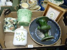 A quantity of china to include; a green Sylvac jardiniere, Dartmouth urn, Spode lidded pot,