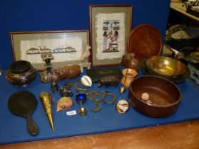 A quantity of miscellanea including Treen animals and bowls, two Papyrus pictures,