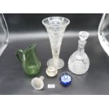 A cut glass Decanter tall glass vase green glass jug, Selkirk paperweight etc.
