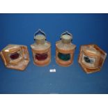 A pair of vintage boat port/starboard electric Lights with red glass and carrying handles plus a