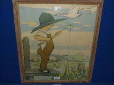 A large framed Muriel Dawson print titled 'The Fisherman', 20" x 23 1/4".