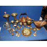 A quantity of mixed copper and brass including copper kettle, oriental style vases etc.