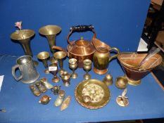 A quantity of mixed copper and brass including copper kettle, oriental style vases etc.