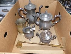 A plated four piece 'Cavalier' tea set, a tankard and a candle snuffer.