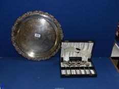 A plated Oneida tray with etched centre and chased decorated edging and boxed 1970's Sheffield