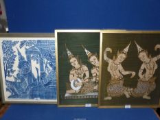A framed and mounted print of Thai Temple Rubbing Indigo Deities,