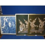 A framed and mounted print of Thai Temple Rubbing Indigo Deities,