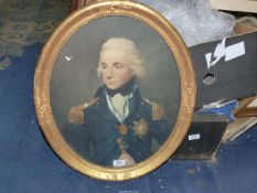 A print of Horatio Nelson by L.F Abbott in oval frame, glazed.