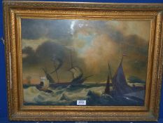 An ornately framed oil painting depicting Dutch ships and a boat in stormy seas with land in the
