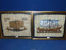 Two framed Egyptian paintings on Papyrus paper depicting Ships and Hieroglyphics.