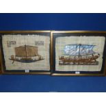 Two framed Egyptian paintings on Papyrus paper depicting Ships and Hieroglyphics.