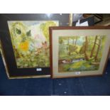 A framed watercolour of a woodland scene with a stream running along side a path leading to a gate,
