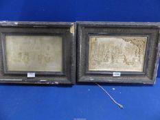 Two framed plaques in relief, one showing a garden scene,
