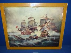 A Print on board by G. Chiabert of Spanish Galleon Naval ship's battle a/f.