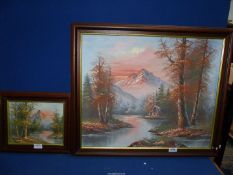 Two oils on canvas; one depicting a wooden shack by a river with mountains in the distance,