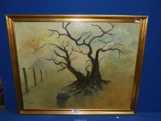 A framed Oil on board depicting an old tree with a dwelling to the side, signed lower left 'Rip 84',