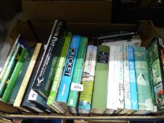 A box of Cricketing books: 'The Joys of Cricket', 'Basingstoke Boy' etc.