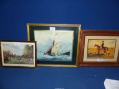 Three prints including 'Seascape', hunting scene by M.R. Wicombe and 'The Meet at Blagdon'.