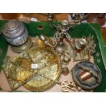 A quantity of mixed metals including wall plaques, bells, candelabra, letter rack, weights etc.