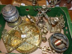A quantity of mixed metals including wall plaques, bells, candelabra, letter rack, weights etc.
