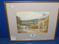 A framed and mounted Watercolour of a farmstead with figures and chickens,