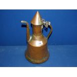An oriental style copper jug/pot with lid, wide base and unusual spout, 13 1/2'' tall.