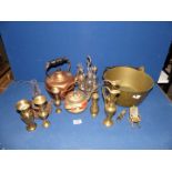 A quantity of mixed metals including brass pan, plated items, small oil lamp, oriental brass vases,