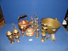 A quantity of mixed metals including brass pan, plated items, small oil lamp, oriental brass vases,