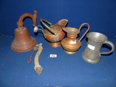 A small copper jug, miniature copper coal bucket,