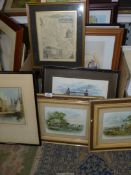 A box of pictures and prints to include; The Bridgend, Leath, etc.