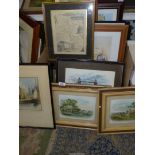 A box of pictures and prints to include; The Bridgend, Leath, etc.