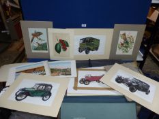 A small folder and contents of mounted prints of birds, Harrod's advert, cars.