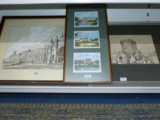 Three framed prints to include; various French Chateaus, St. Mary Magdalene Kenfig by D.