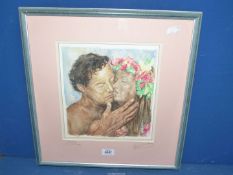 A watercolour titled 'The Kiss' by R.A. Richards in 1993, label verso.