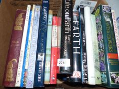 A box of books including antiques, gardening, earth, Knights Templars etc.